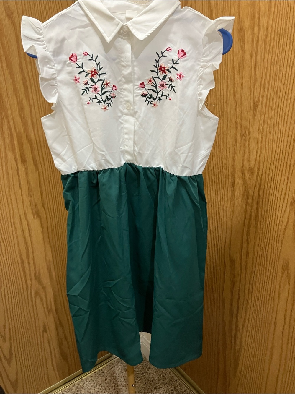 White & Green Floral Embroidered Girls' Casual Dress